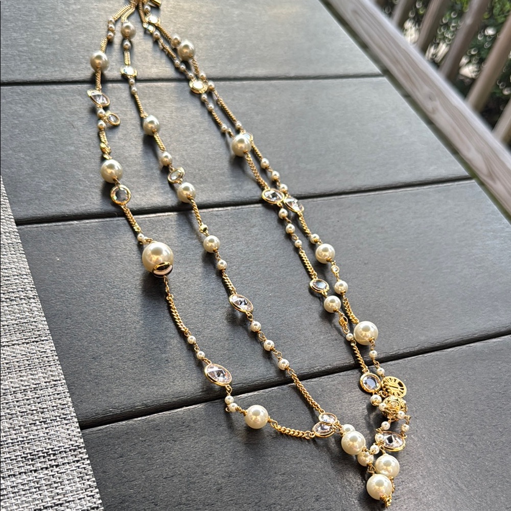 Henri Bendel Elegant Gold and Pearl Necklace. Box and bag in hand.